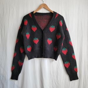 Strawberry Patterned Black Cardigan